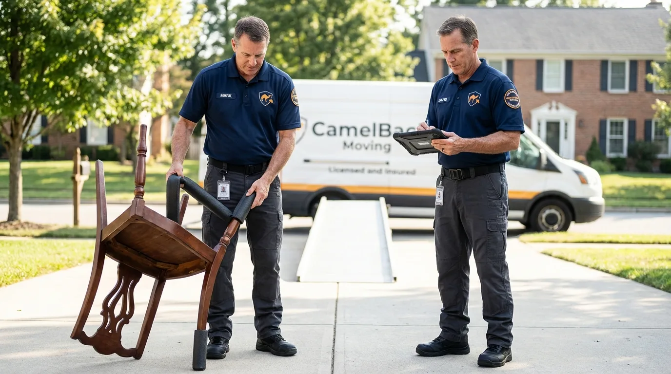 Movers inspecting furniture for damage prevention before loading in Oxford, NY