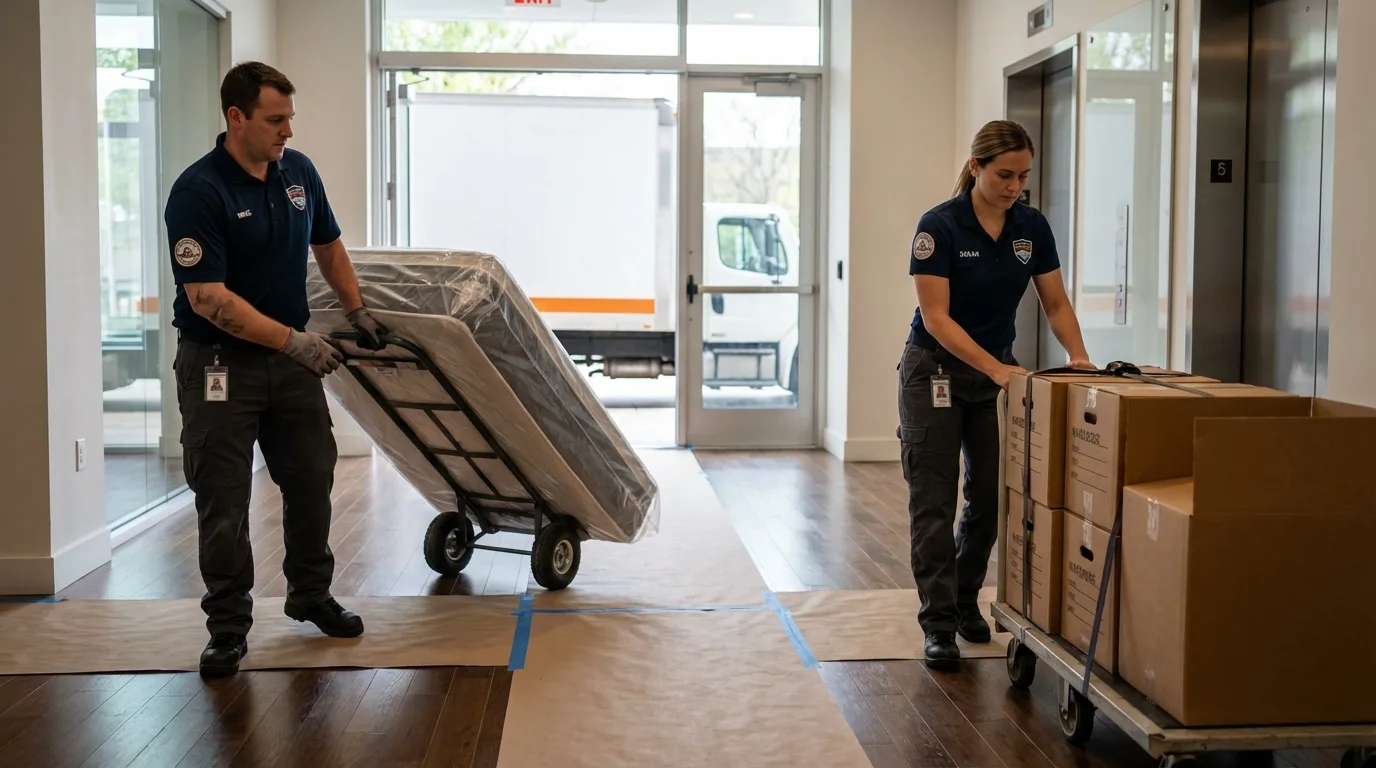 Professional apartment movers loading elevator in Oxford, NY