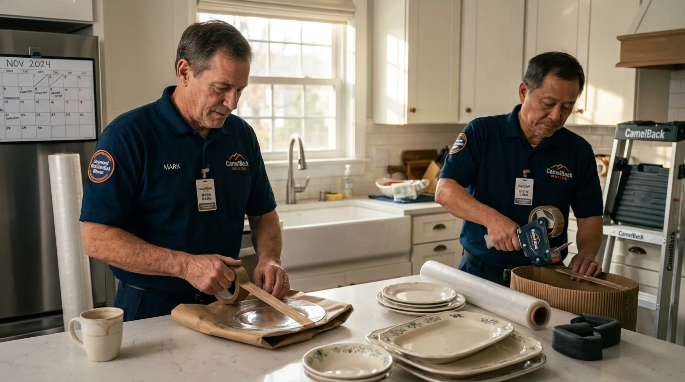 Professional crew packing kitchen dishware in Oxford, NY